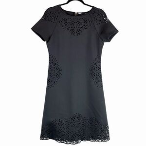 T Tahari Midi Sheath Dress Black  Scuba Fabric Laser Cut Scallop Hem Sz 6